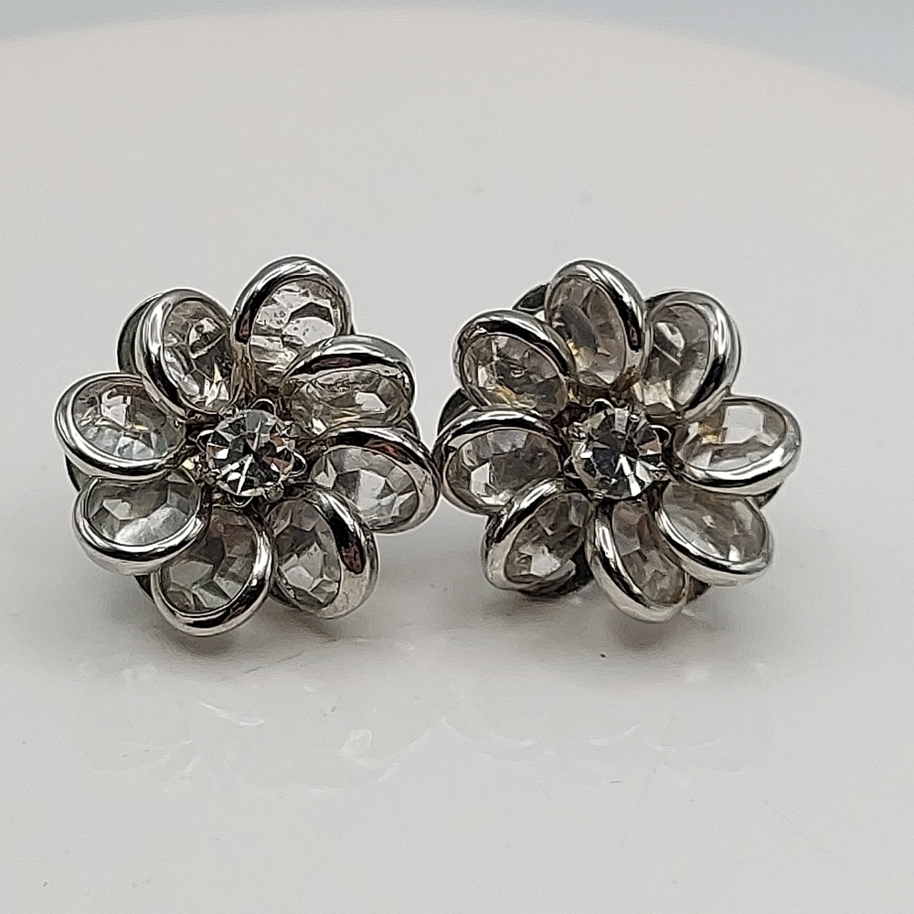 Clear Bezel Crystal Flower Earrings, Vtg,GC.